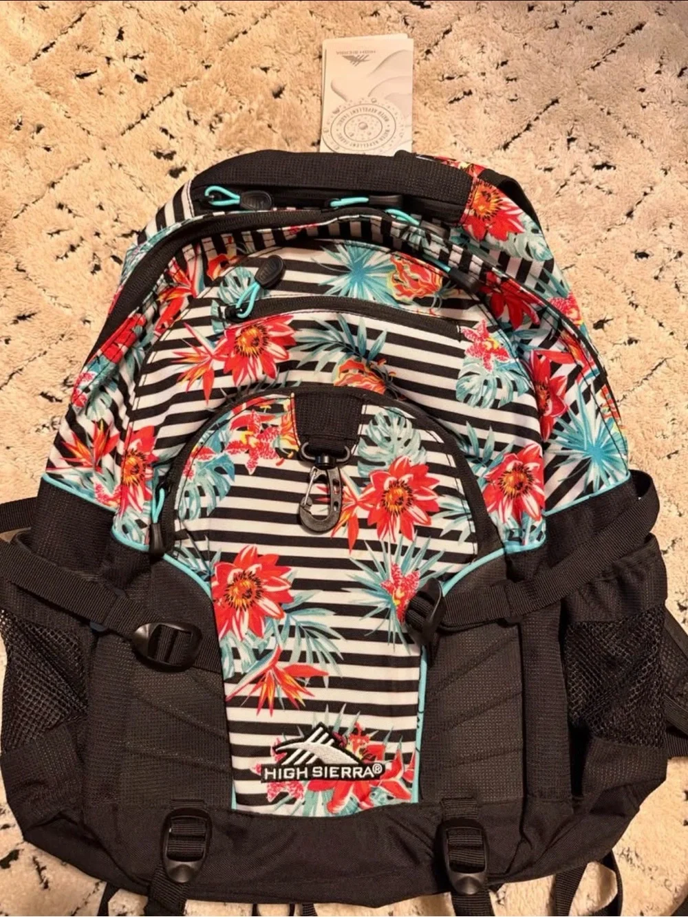 High Sierra Black, White, Red, Pink and Teal Floral Stripe Backpack